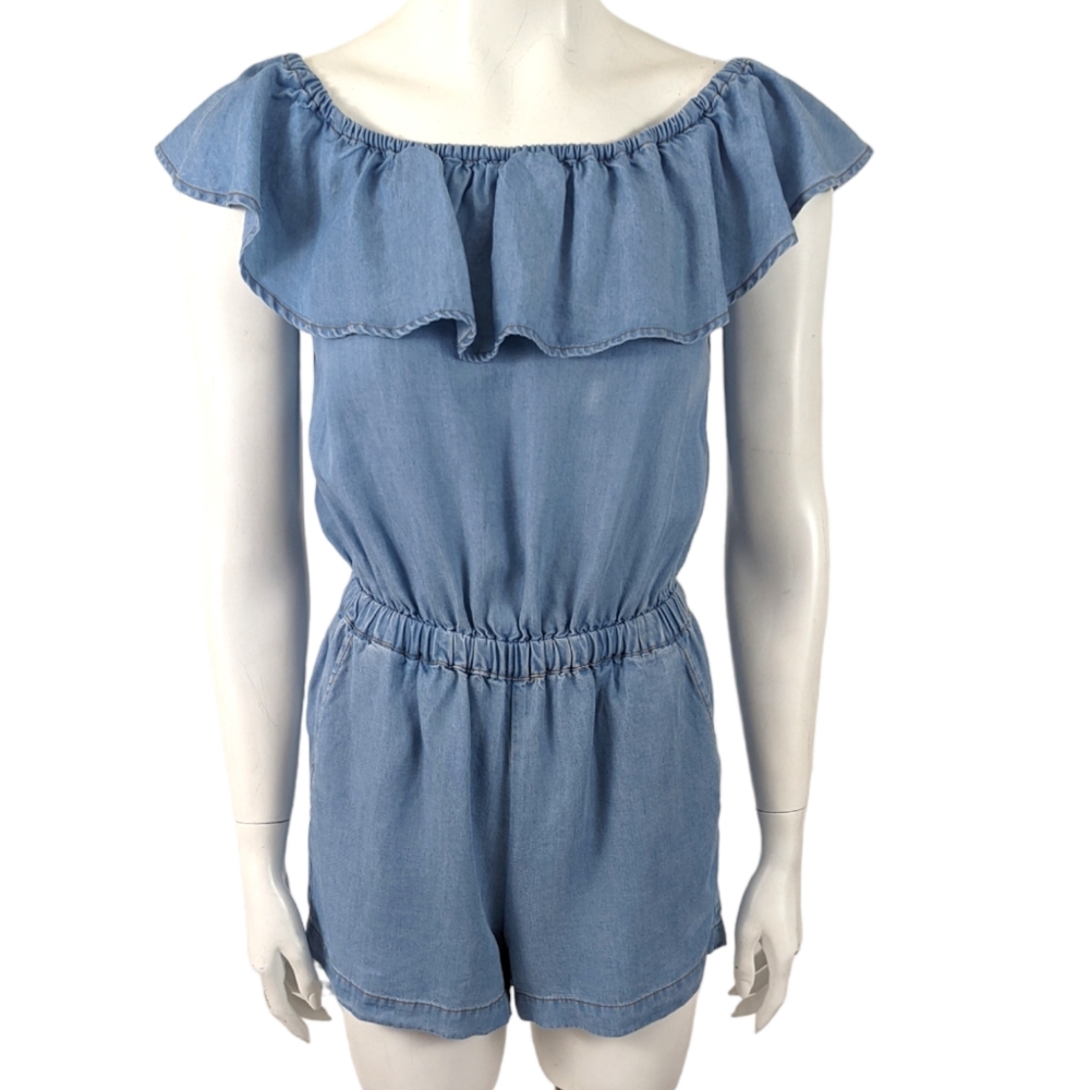 Splendid Chambray Romper Jumpsuit Womens XS Blue Tencel Off The Shoulder - Picture 2 of 15